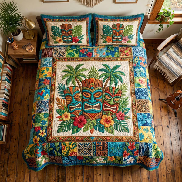 Tiki Spirit quilted 3-piece bedding set on a made bed with two matching pillow shams