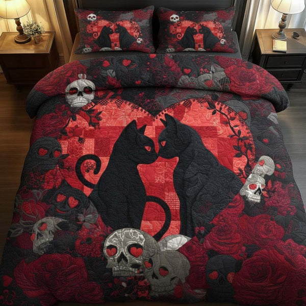 Til Death Do Us Part quilted 3-piece bedding set on a made bed with two matching pillow shams