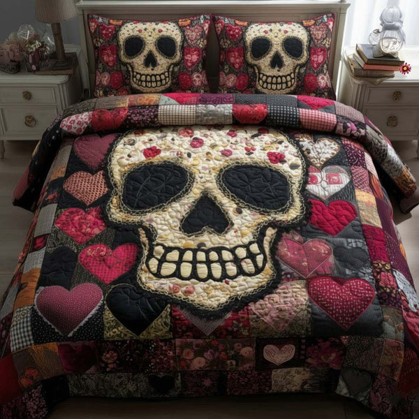 Til Death Do Us Part quilted 3-piece bedding set on a made bed with two matching pillow shams