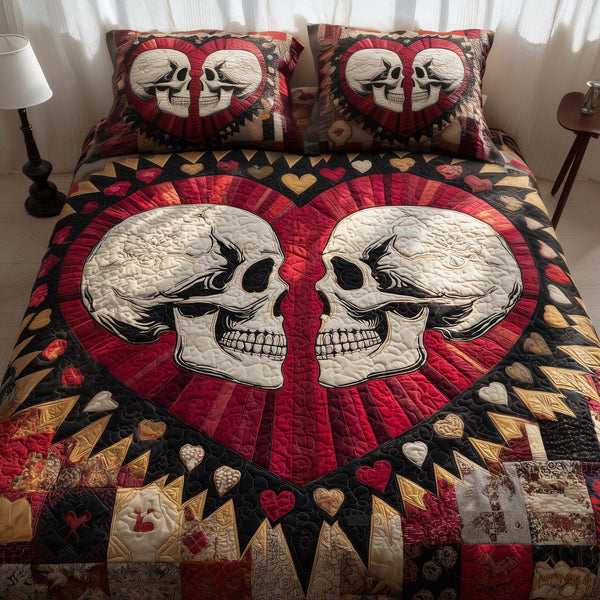 Til Death Do Us Part quilted 3-piece bedding set on a made bed with two matching pillow shams
