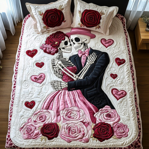 Til Death Do Us Part quilted 3-piece bedding set on a made bed with two matching pillow shams