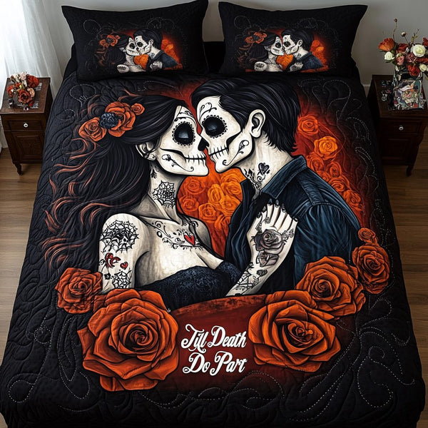 Till Death quilted 3-piece bedding set on a made bed with two matching pillow shams