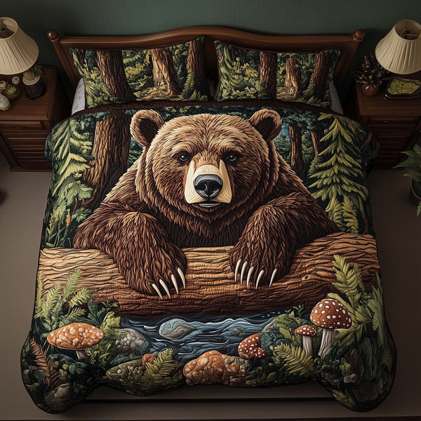 Timber Bear quilted 3-piece bedding set on a made bed with two matching pillow shams