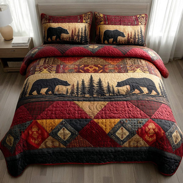 Timber Bear quilted 3-piece bedding set on a made bed with two matching pillow shams