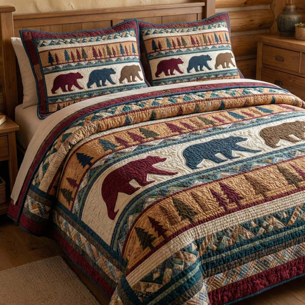 Timber Bears quilted 3-piece bedding set on a made bed with two matching pillow shams