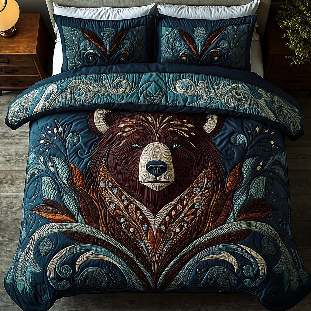Timber Beast quilted 3-piece bedding set on a made bed with two matching pillow shams