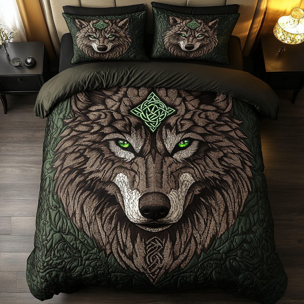 Timber Howl quilted 3-piece bedding set on a made bed with two matching pillow shams