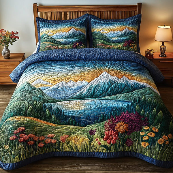 Timber Retreat quilted 3-piece bedding set on a made bed with two matching pillow shams