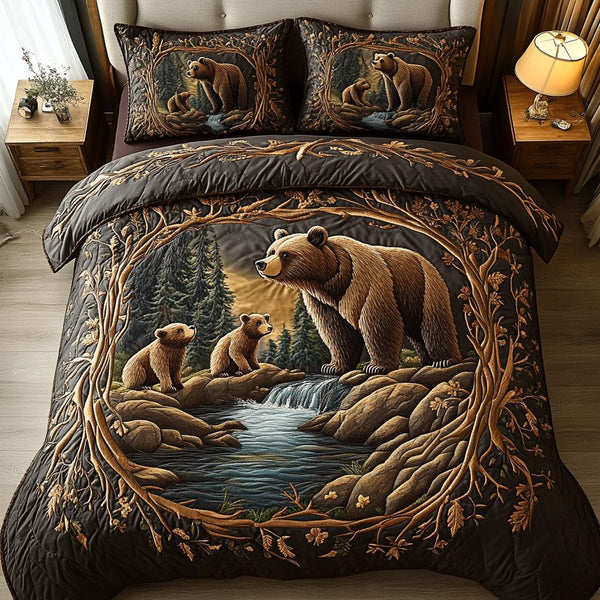 Timber Roar quilted 3-piece bedding set on a made bed with two matching pillow shams