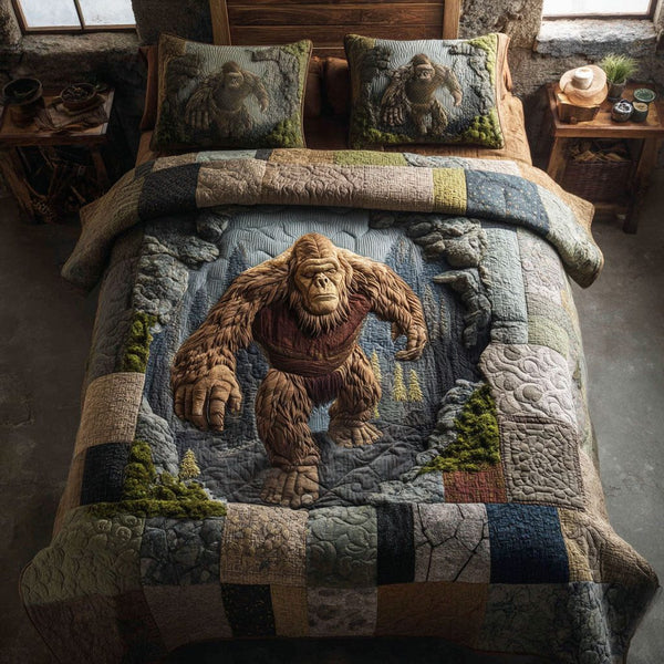 Timber Sasquatch quilted 3-piece bedding set on a made bed with two matching pillow shams