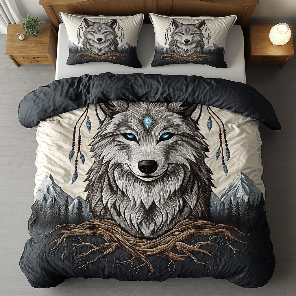 Timber Spirit quilted 3-piece bedding set on a made bed with two matching pillow shams