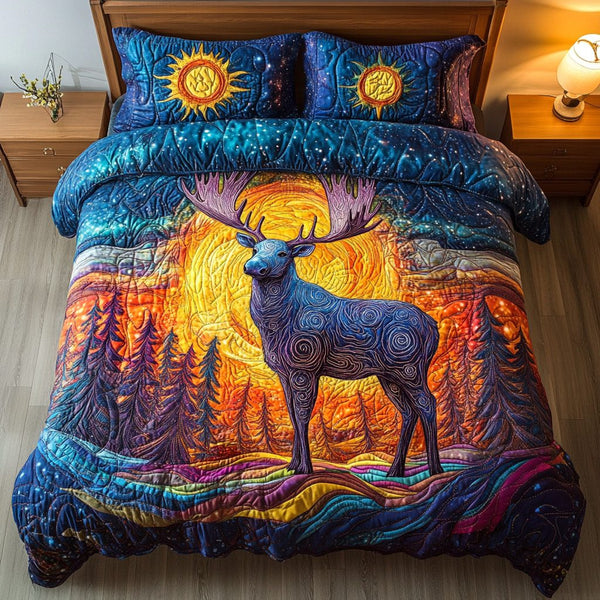 Timber Stag quilted 3-piece bedding set on a made bed with two matching pillow shams