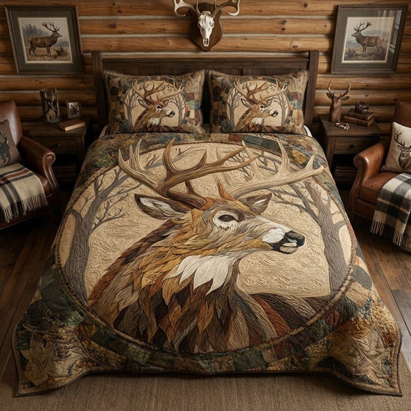Timber Stag quilted 3-piece bedding set on a made bed with two matching pillow shams