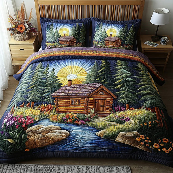 Timber Trail quilted 3-piece bedding set on a made bed with two matching pillow shams