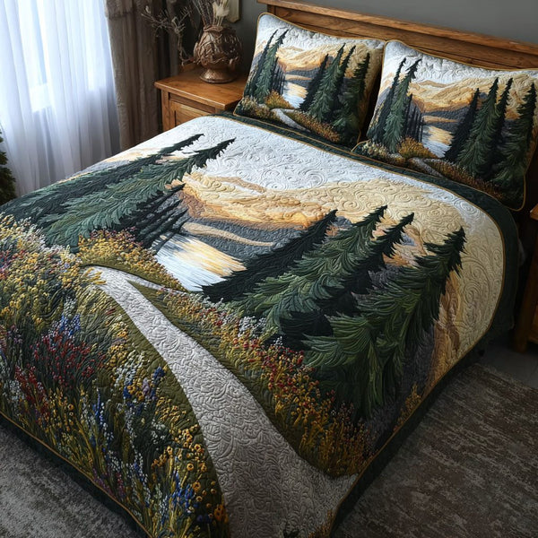 Timber Valley quilted 3-piece bedding set on a made bed with two matching pillow shams