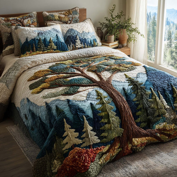 Timber Whisper quilted 3-piece bedding set on a made bed with two matching pillow shams