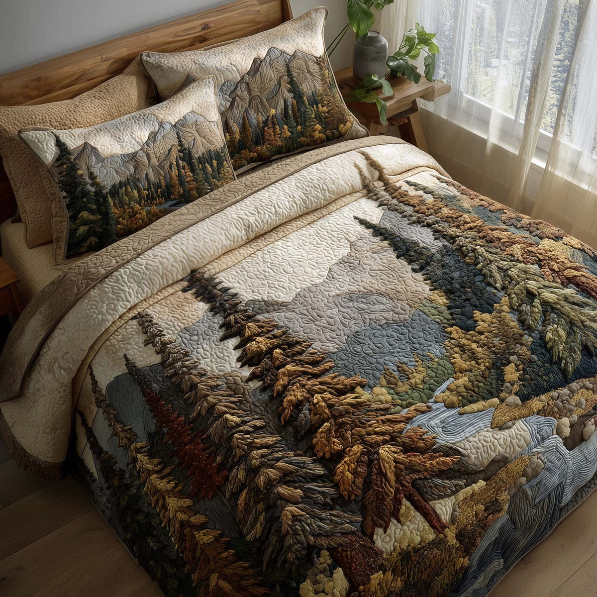Timber Whisper quilted 3-piece bedding set on a made bed with two matching pillow shams
