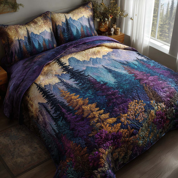 Timber Whisper quilted 3-piece bedding set on a made bed with two matching pillow shams