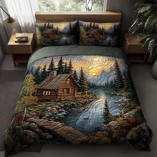 Timber Whisper quilted 3-piece bedding set on a made bed with two matching pillow shams