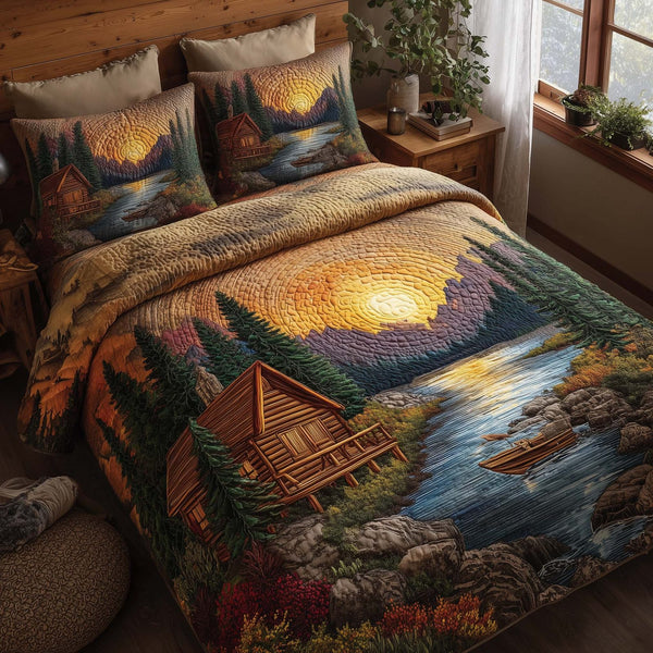 Timber Whisper quilted 3-piece bedding set on a made bed with two matching pillow shams