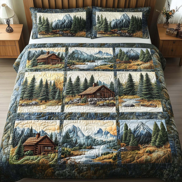 Timber Whisper quilted 3-piece bedding set on a made bed with two matching pillow shams