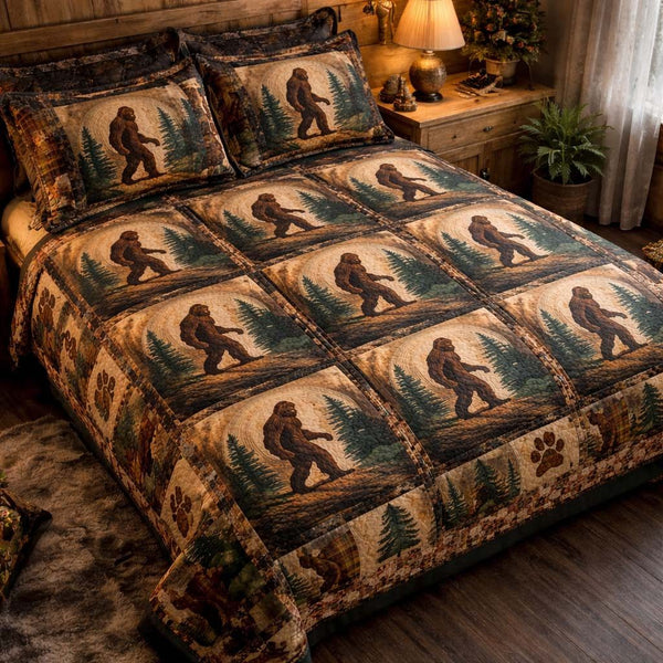 Timberland Legend Bigfoot quilted 3-piece bedding set on a made bed with two matching pillow shams