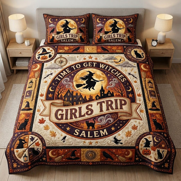 Time To Get Witches quilted 3-piece bedding set on a made bed against a dark styled interior
