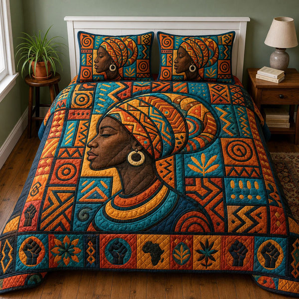 Timeless African Beauty Heritage quilted 3-piece bedding set on a made bed in a farmhouse bedroom