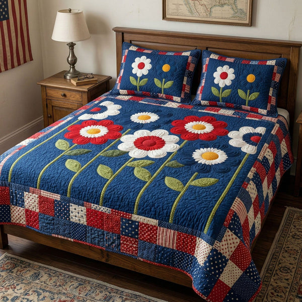 Timeless Americana quilted 3-piece bedding set on a made bed in a warmly lit bedroom