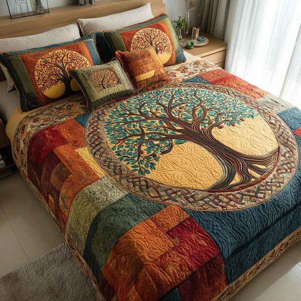 Timeless Aura quilted 3-piece bedding set on a made bed in a farmhouse bedroom