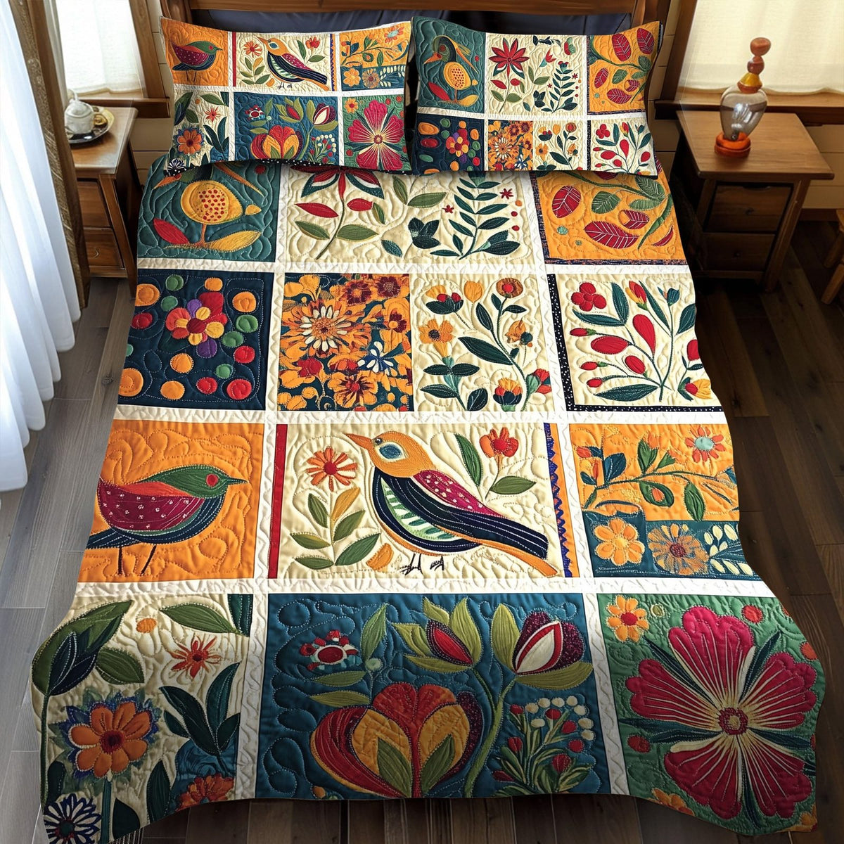 Timeless Blooms quilted 3-piece bedding set on a made bed in a farmhouse bedroom