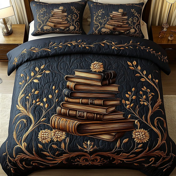 Timeless Books quilted 3-piece bedding set on a made bed in a farmhouse bedroom