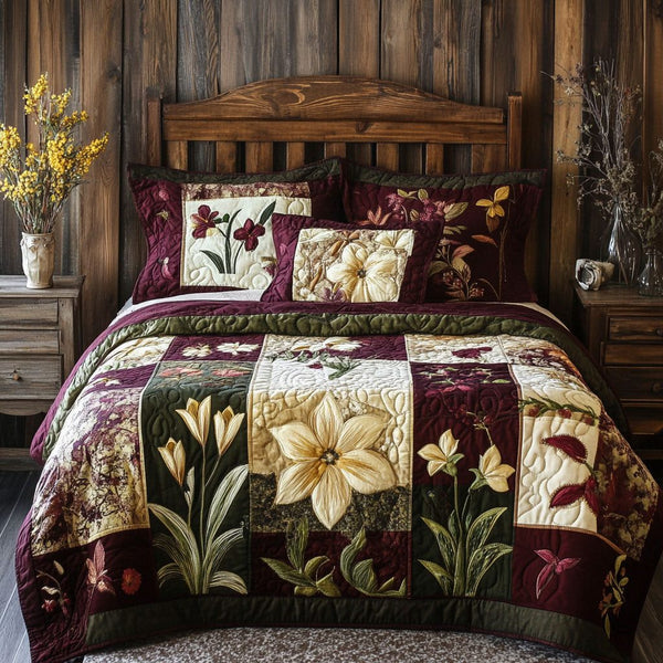 Timeless Botanica quilted 3-piece bedding set on a made bed in a farmhouse bedroom