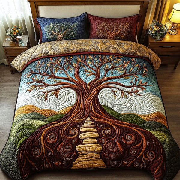 Timeless Branches quilted 3-piece bedding set on a made bed in a rustic timber bedroom