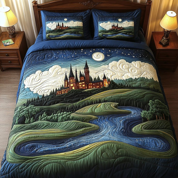 Timeless Castle quilted 3-piece bedding set on a made bed in a farmhouse bedroom