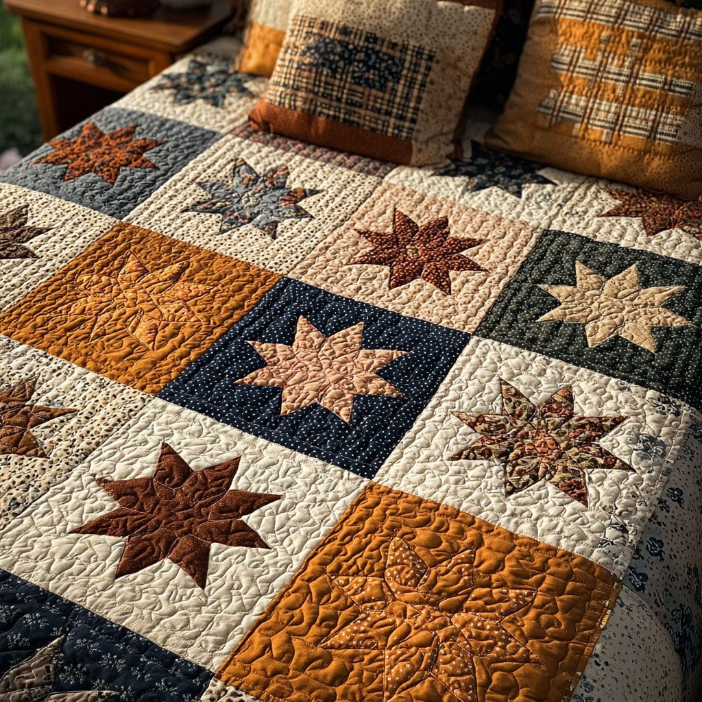 Timeless Charm quilted 3-piece bedding set on a made bed in a farmhouse bedroom