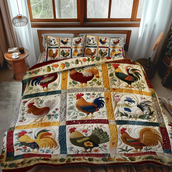 Timeless Clucker quilted 3-piece bedding set on a made bed in a farmhouse bedroom