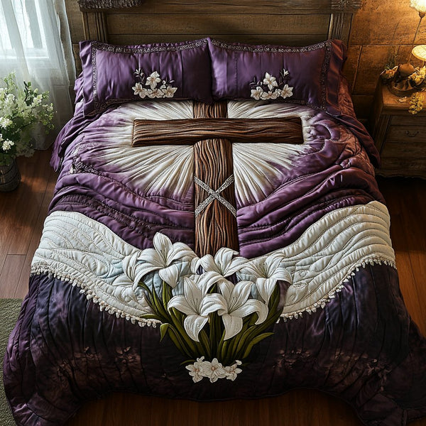 Timeless Cross quilted 3-piece bedding set on a made bed in a softly lit bedroom