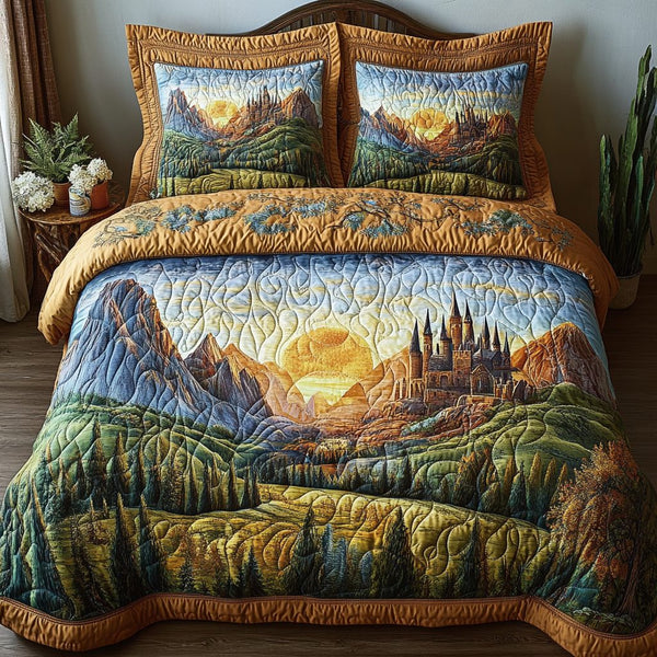 Timeless Eden quilted 3-piece bedding set on a made bed in a farmhouse bedroom