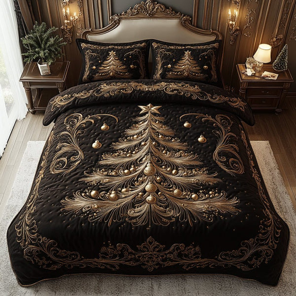 Timeless Evergreen quilted 3-piece bedding set on a made bed in a farmhouse bedroom