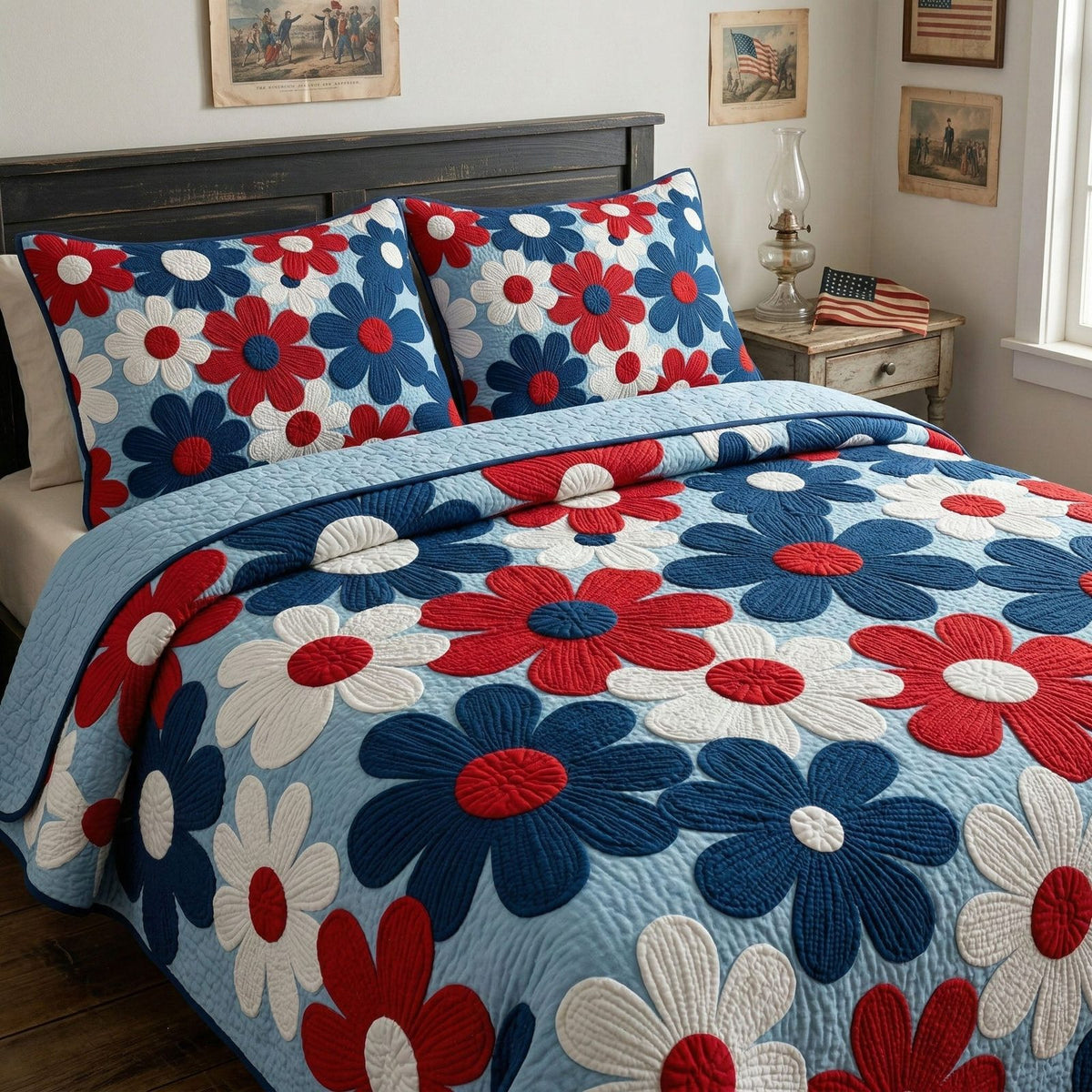 Timeless Flag Blossoms quilted 3-piece bedding set on a made bed in a warmly lit bedroom