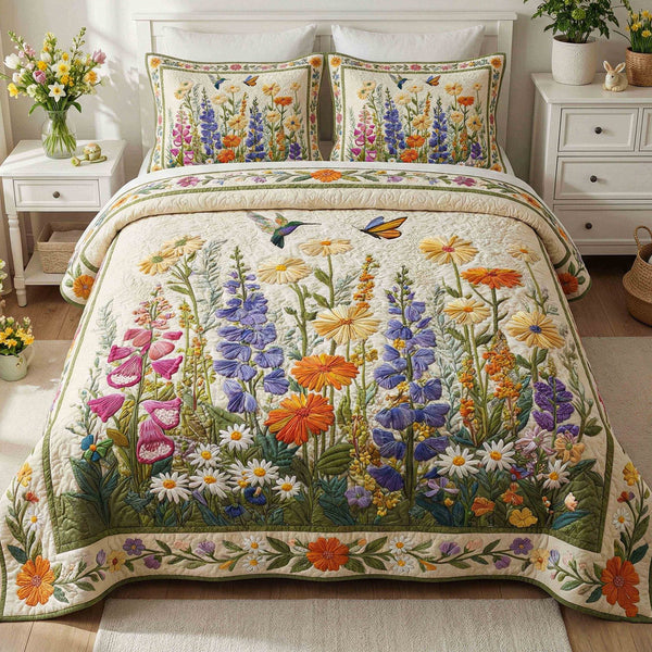 Timeless Floral Charm quilted 3-piece bedding set on a made bed in a farmhouse bedroom