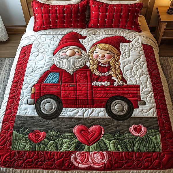 Timeless Gnome Journey quilted 3-piece bedding set on a made bed in a winter-styled bedroom