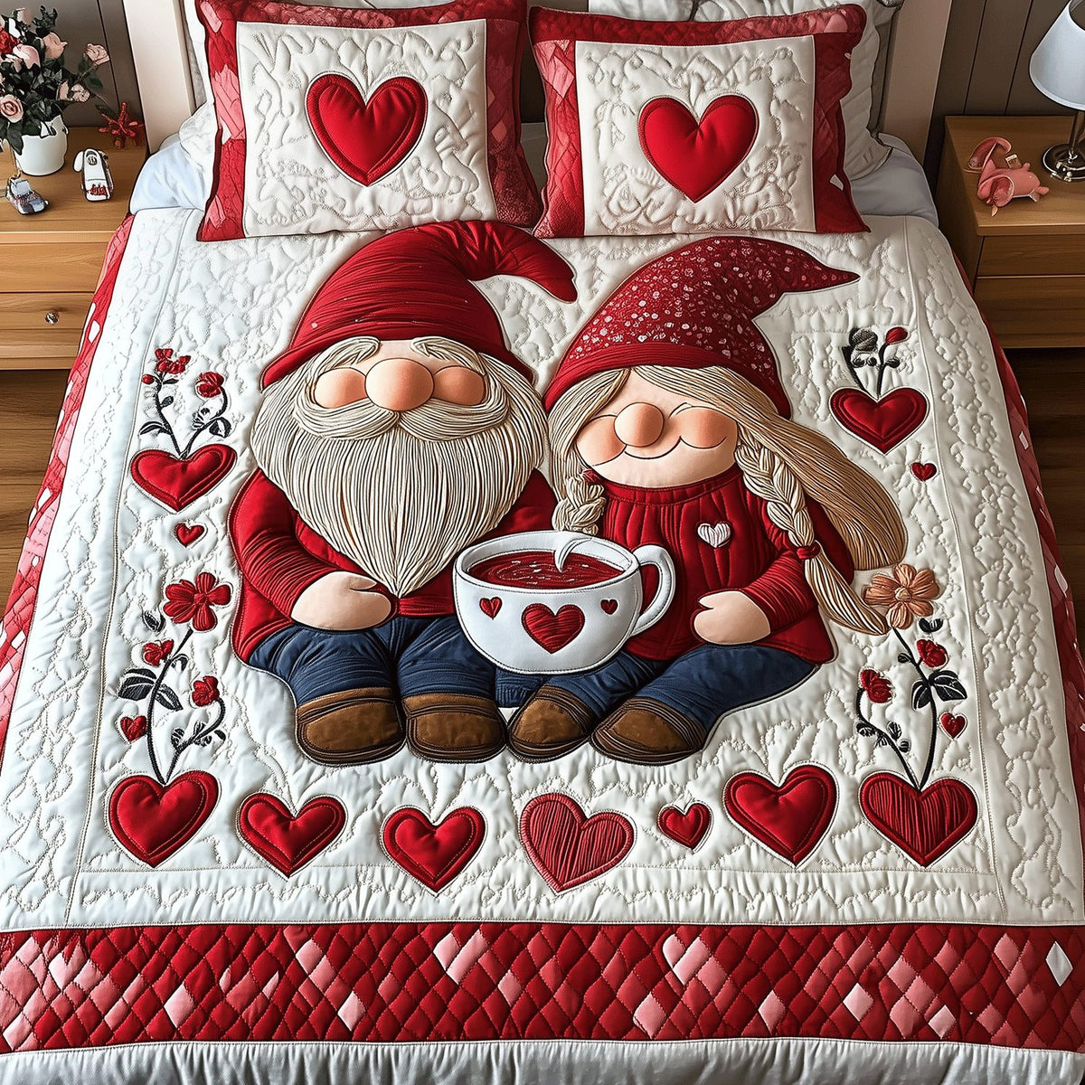Timeless Gnome Love quilted 3-piece bedding set on a made bed in a winter-styled bedroom