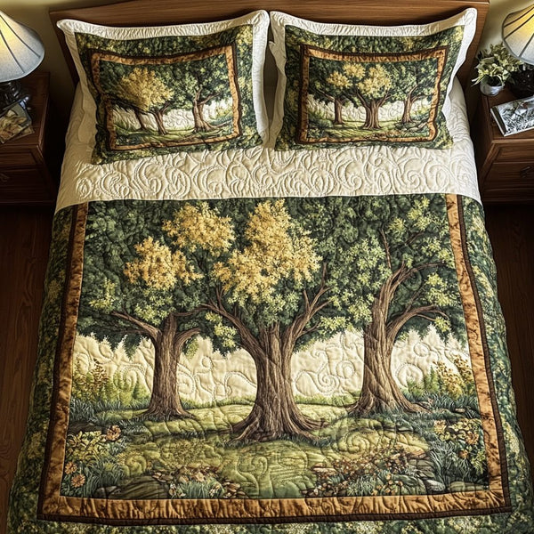 Timeless Grove quilted 3-piece bedding set on a made bed in a farmhouse bedroom
