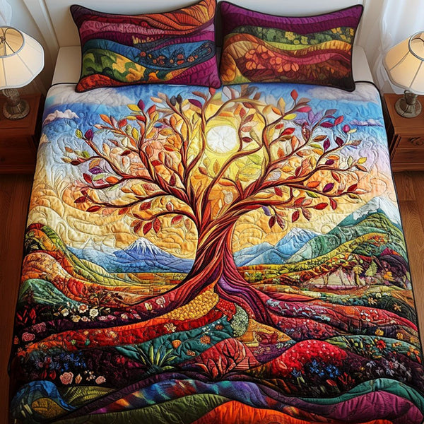 Timeless Growth quilted 3-piece bedding set on a made bed in a farmhouse bedroom