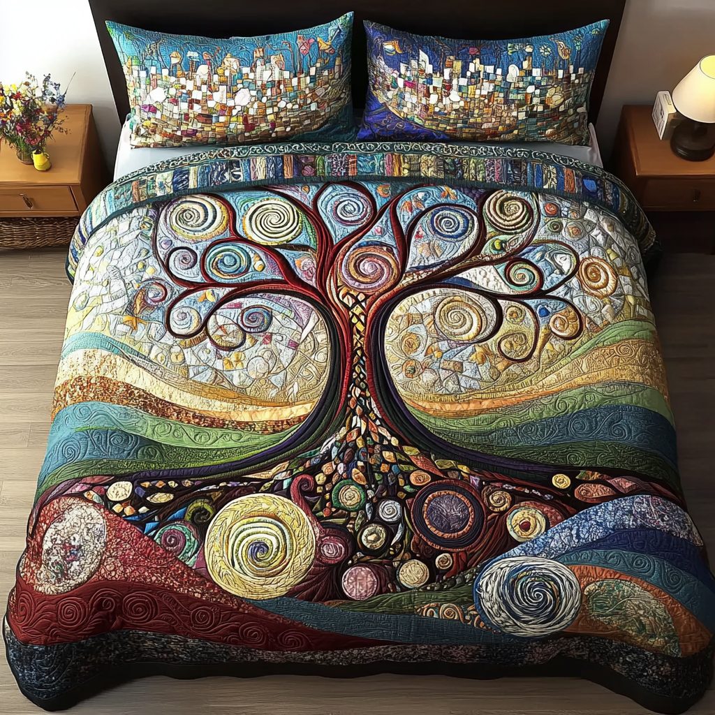Timeless Growth quilted 3-piece bedding set on a made bed in a farmhouse bedroom