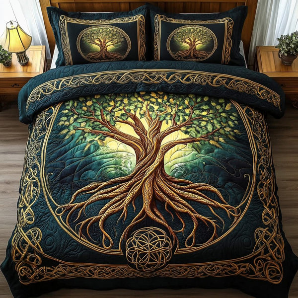Timeless Growth quilted 3-piece bedding set on a made bed in a farmhouse bedroom