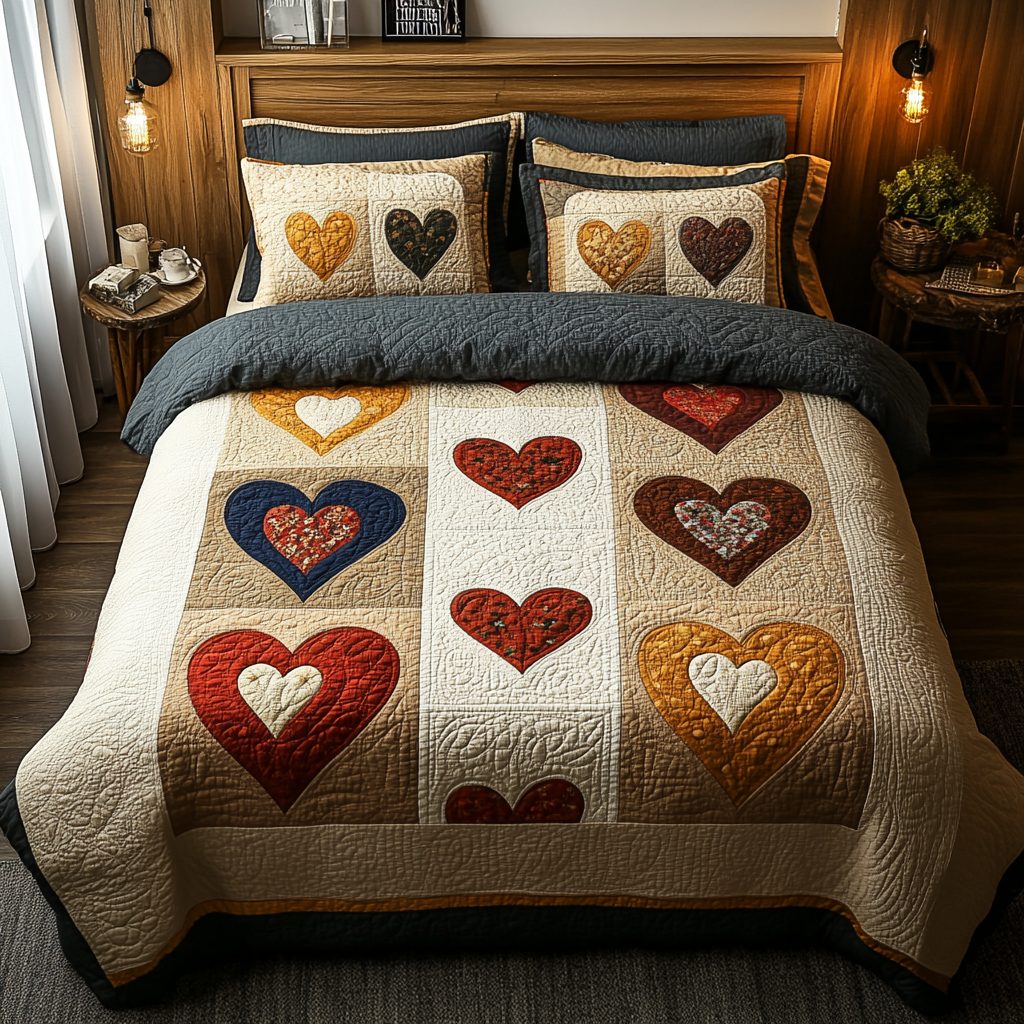Timeless Hearts quilted 3-piece bedding set on a made bed in a farmhouse bedroom