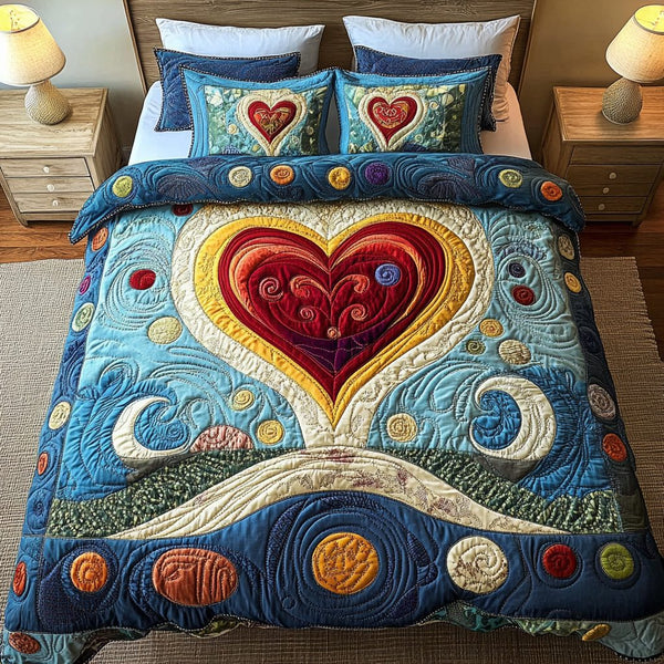 Timeless Hearts quilted 3-piece bedding set on a made bed in a farmhouse bedroom